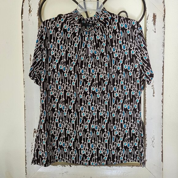 east5th Women`s Short Sleeve Brown Multi Print Keyhole Shirt Top Size L - Picture 1 of 5